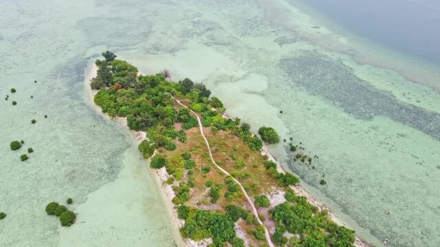 Aerial view of a tropical island archipelago surrounded by clear turquoise sea and coral reefs. Drone shot of an island strip with green trees in the ocean. Pari island in Indonesia 