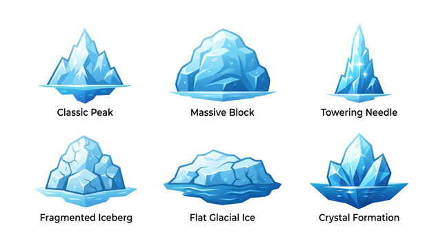 Various arctic iceberg shapes featuring sharp peaks and massive frozen blocks of blue glacial ice rendered in a clean flat vector art style isolated as a set on transparent background.