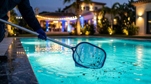 Cleaning the pool after a party: overnight, a person uses a skimmer net to collect debris and dry leaves from the water's surface.