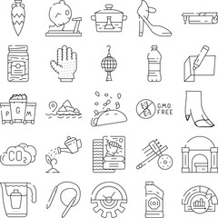Fototapeta premium Diverse set of vector line art icons representing a wide range of everyday objects, environmental concerns, health ideas, and technological elements on a white background