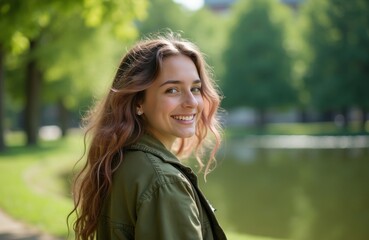 Fototapeta premium Happy teenage girl smiles in sunny park. Pretty young woman wears casual green jacket standing outdoors. Fresh natural daylight illuminates face of beautiful female student near lake. Person relaxes