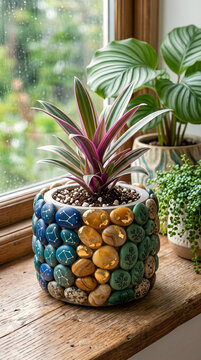 Tropical Garden plant, on White Table and Indoor Setting with Green Leaves, Exotic Floer Plant and Natural Summer Lifestyle