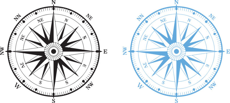 Black and blue compass rose with directional markings and starburst points