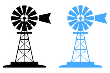 Black and blue silhouette of a farm windmill with a tail fin on a white background © MOHAMMADTORIQUL