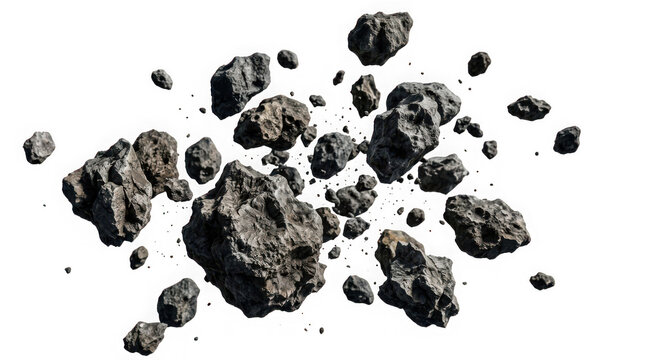 Group of asteroids or meteorites floating in space isolated on transparent background