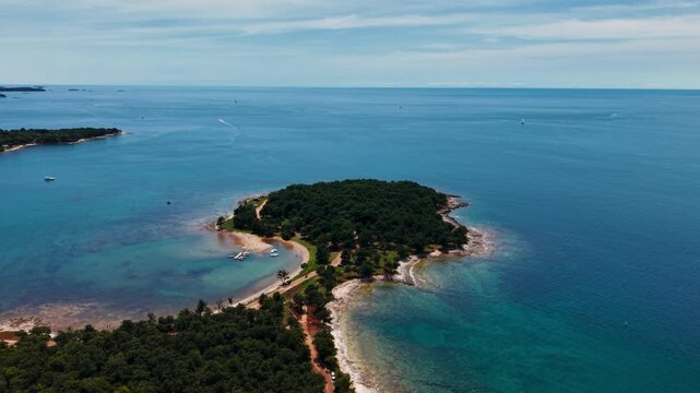 Scenic coastline and natural Cervar peninsula near Porec, Istria, Croatia. Panoramic aerial view