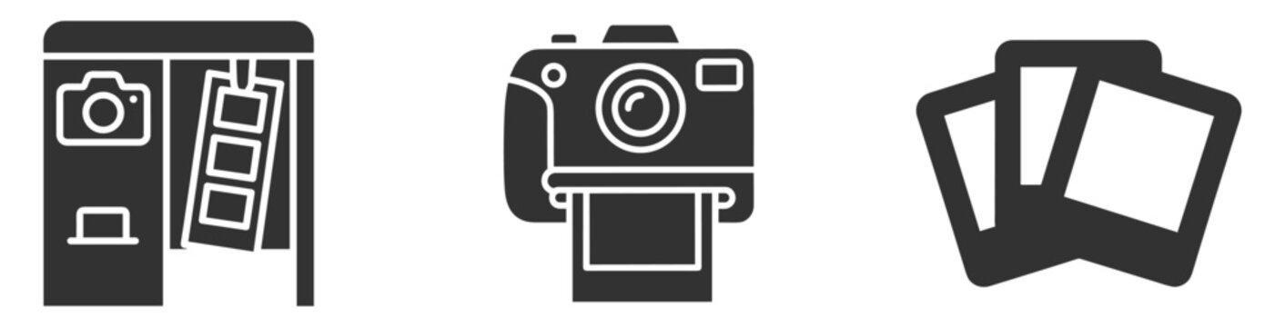photography icons set including photo booth, instant camera with photo print, and instant photos on transparent background