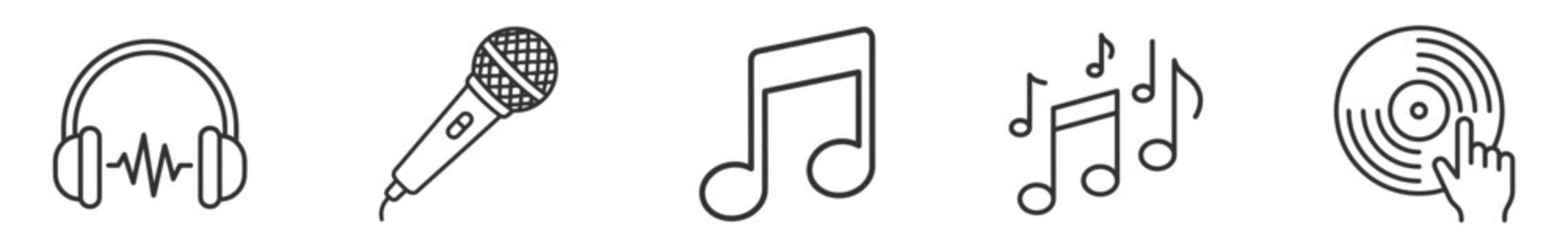 music concept icons line art set including headphones microphone musical notes and vinyl record on transparent background