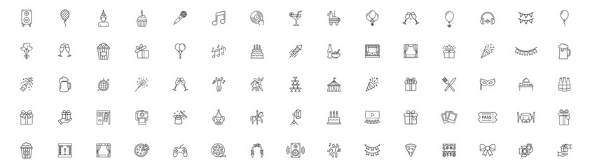 Fototapeta premium set of party celebration icons with thin lines for events, food, drinks, decorations, music, and entertainment on transparent background