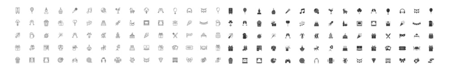 party and celebration icons set in black and outline styles for event and festive design on transparent background © gerik_a