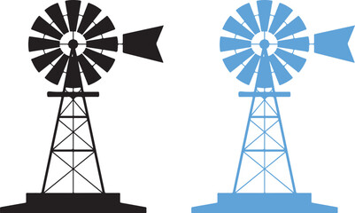Black and blue silhouette of a farm windmill with a tail fin on a white background © MOHAMMADTORIQUL