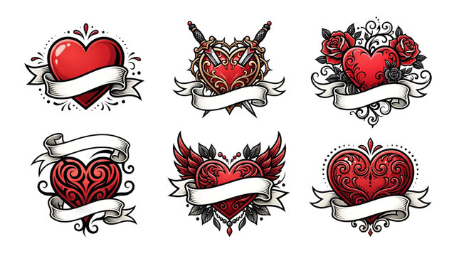 Various artistic red hearts featuring floral elements and decorative banners designed in a classic vintage tattoo style with bold lines and vibrant colors displayed neatly arranged on transparent back