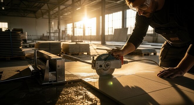 Skilled Craftsman Precisely Cuts Material With Rotary Saw In Workshop