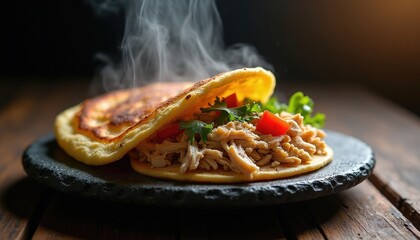 Steaming hot arepa stuffed with shredded chicken and vegetables rests on a dark stone plate. Fresh cilantro and red tomato bits garnish the savory meal.