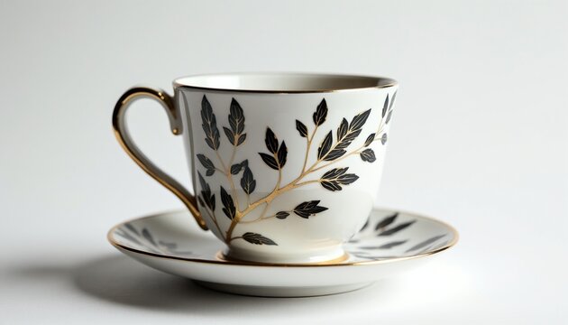 Elegant white ceramic tea cup with gold rim, black leaf patterns sits on matching saucer. Luxury porcelain coffee vessel features botanical art design on clean background. Stylish drinkware set for