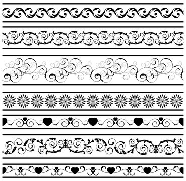 Collection of decorative black floral and heart borders on white background, pattern