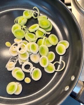 Sliced Leek Rings in Frying Pan