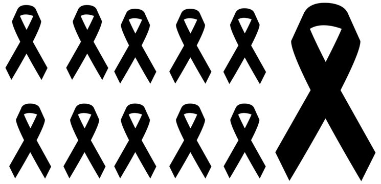 Collection of black awareness ribbons on white background, symbol support
