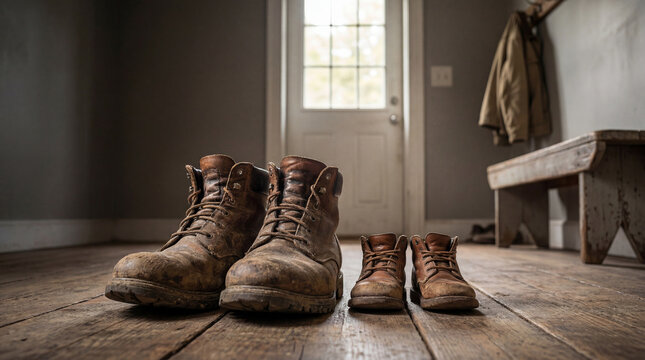 A Pair of Big and Small Brown Leather Boots