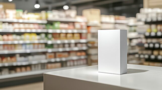 Blank end-cap display mockup in supermarket. Blurred background shows shelves full of products. Ideal for product placement promotion. Retail setting shows promotional display. Use for merchandising