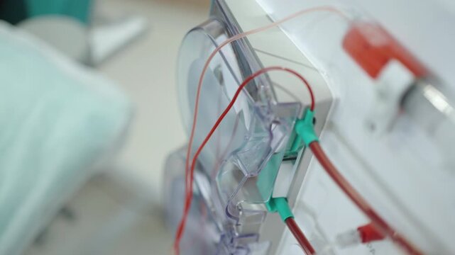 Red dialysis lines run through clear plastic pump housings on an operating hemodialysis machine in a hospital ward.