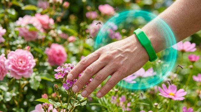 Woman's hand with green fitness tracker reaching for delicate roses in a soft garden setting, showcasing wellness and nature