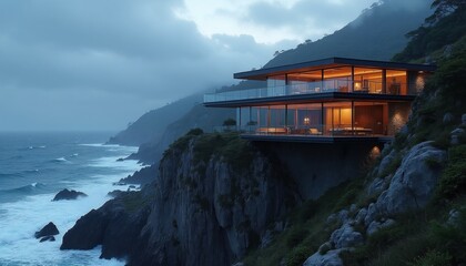 Fototapeta premium Modern luxury house stands on steep rocky cliff edge above ocean. Glass walls illuminate evening terrace balcony overlooking sea waves. Contemporary architectural residence features minimalist design