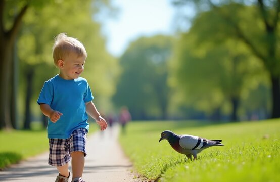 Small toddler boy walks along path in public park. Happy blonde child in blue shirt watches wild pigeon on green grass. Little kid explores nature with bird during sunny day outdoors. Active