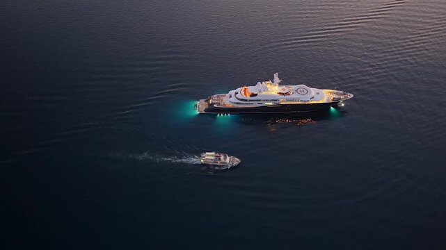 Aerial twilight shot of luxury megayacht Al Mirqab anchored in Corfu Greece with glowing underwater lights and small tender boat cruising by.