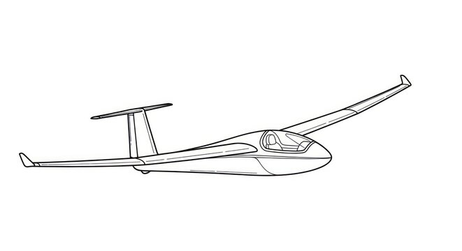 Minimalist line drawing of a sleek glider aircraft isolated on white background.