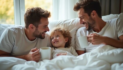 Fototapeta premium Gay parents relax in bed with small child at home. Happy fathers hold white coffee mugs, smile talking to young son. Casual morning routine with family inside bedroom. Enjoy cozy time together under