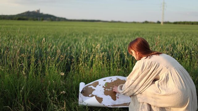 Young woman exploring a world map in a green field emphasizing environmental awareness sustainable development and personal responsibility for the future of the planet
