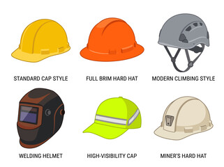 Fototapeta premium Safety helmets set displaying various industrial hard hat designs including welding masks and high visibility caps on white background