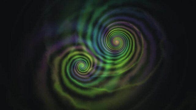 Two swirling patterns move together in a dark space with vibrant colors. Green and purple form a captivating design that draws the eye. This scene has a strong visual impact