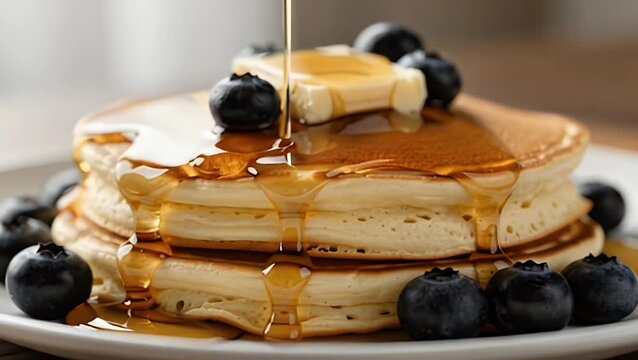 Delicious Stack of Fluffy Homemade Pancakes Topped with Fresh Blueberries and Golden Maple Syrup Drizzle for a Gourmet Breakfast Experience