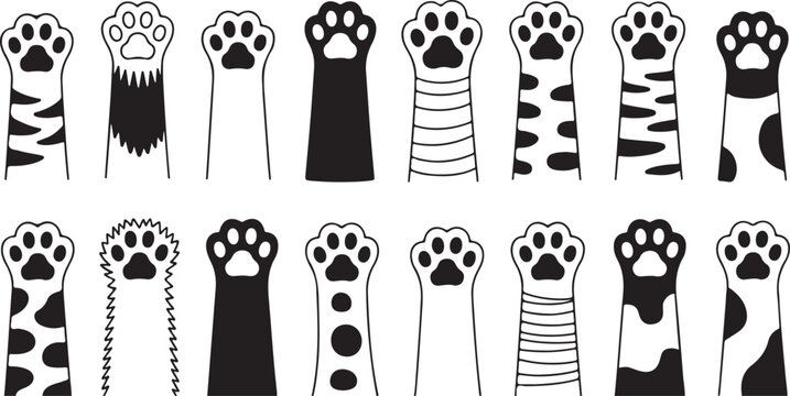 Collection of black and white cartoon cat paw with various patterns and textures