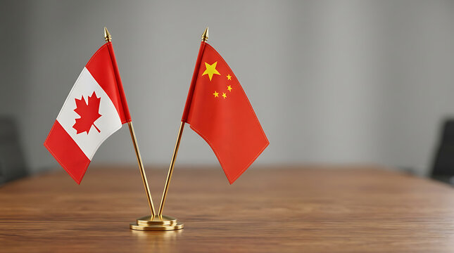 Small Canada and China flags standing on a wooden table in a professional office setting