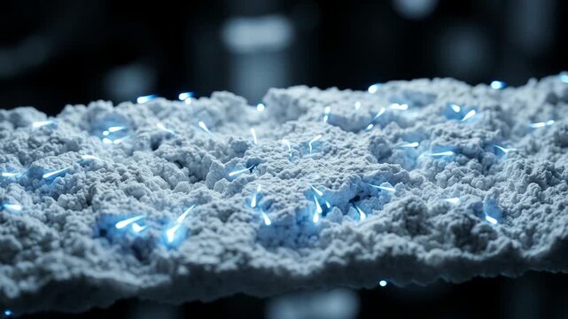 Sodium ion battery electrode with glowing blue ion sparks macro