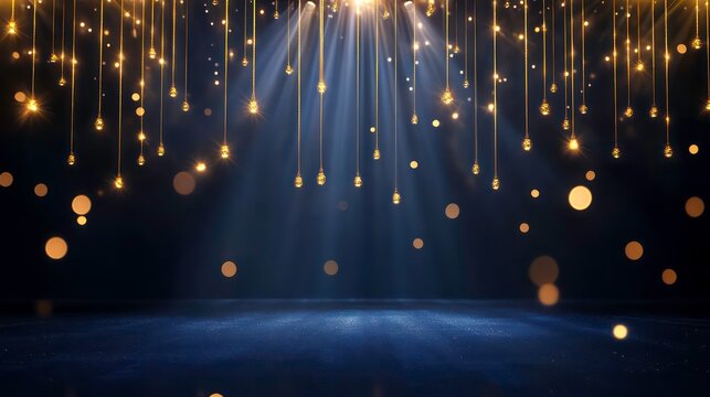 Dark blue stage design for awards ceremony. Golden spotlight lines, glitter create premium elegant backdrop. Realistic 3D abstract glamour. Great for product presentation awards show visuals. Modern