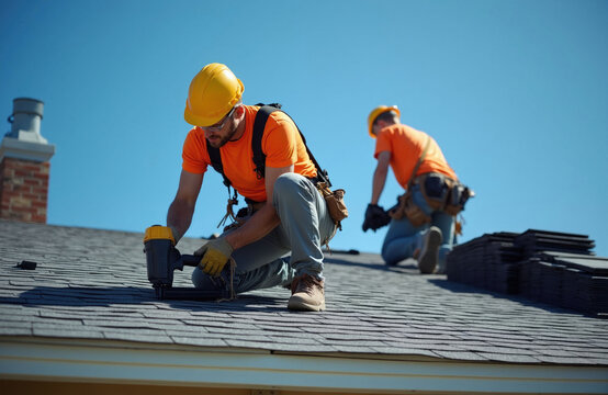 Construction workers install asphalt shingles on residential house roof using pneumatic nailers. Men wear safety helmets, work on building exterior under clear blue sky. Pro team completes roofing