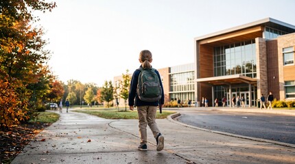 Fototapeta premium Young child with backpack walking towards modern school building. Back to school concept.