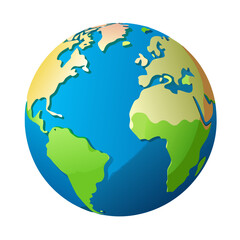 Fototapeta premium A colorful cartoon illustration of planet Earth showing the Atlantic Ocean view with North and South America on the left, Europe and Africa on the right, featuring blue oceans and green-yellow landmas