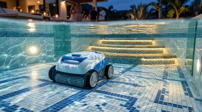 Robotic pool cleaner underwater at night with illuminated steps and a party on the deck above
