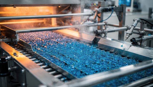 Medium shot of automated lines shaping and drying vibrant blue indicator silica gel beads emphasizing the industrial precision in moistureabsorbing production.