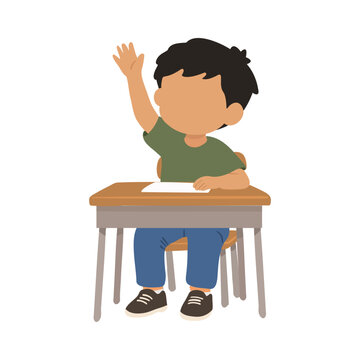 School Boy Raising Hand at Desk Hand Drawn Character