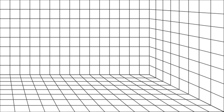 Grid 3d line black and perspective box white background with cube corner pattern. Empty vaporwave and mesh square inside with space depth floor. Graph grid frame and dimension perspective outline.