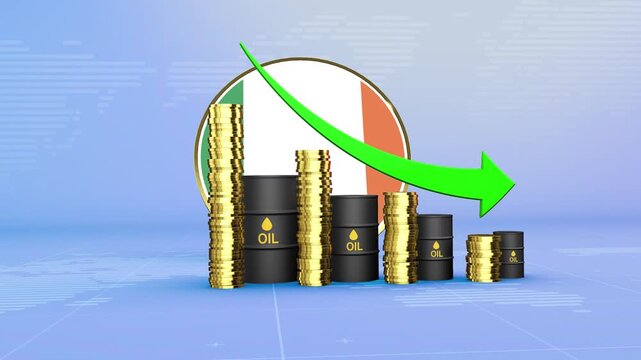 Ireland Oil Prices Decline with Oil Barrels, Gold Coins and Downward Green Arrow, 3D Economic and Financial Market Concept