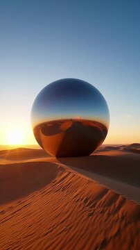Mirrored sphere reflecting desert sunset landscape