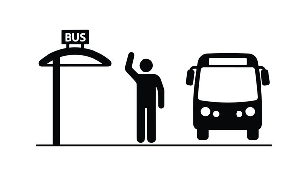 Black silhouette of person waving at bus stop with bus vector illustration isolated on white background.