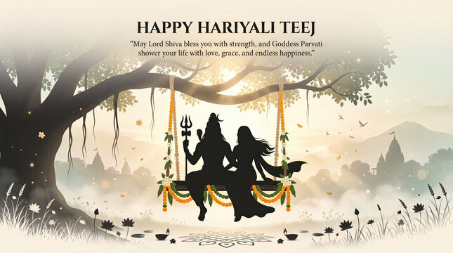 Silhouette of lord shiva and goddess parvati sitting on a floral swing under a large banyan tree, celebrating the hariyali teej festival with a soft glowing sunrise background